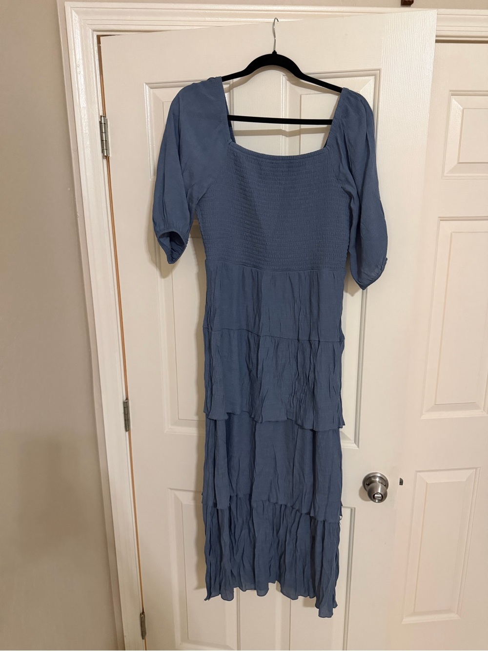 Women's Blue Tiered Maxi Dress with Square Neck